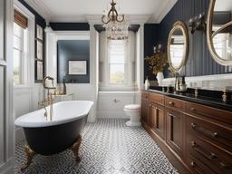 Victorian small bathroom embodies classic elegance with intricate tiling, vintage fixtures, and luxurious accents in a compact setting.  