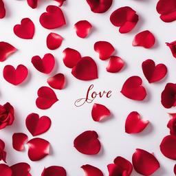 Valentines Day background - Love written in cursive with red rose petals on white fabric  