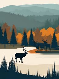 North American Elk Clip Art - North American elk in a forest clearing,  color vector clipart, minimal style