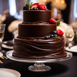 decadent chocolate cake with layers of ganache, served at an elegant wedding banquet. 