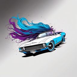 Sports convertible car ink. Wind-in-the-hair freedom and style.  color tattoo design, white background