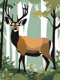 Deer Clip Art - A graceful deer in a woodland setting,  color vector clipart, minimal style