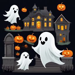 Ghost Clipart, Spooky ghosts haunting a dark mansion. 