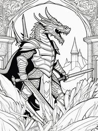 Dragon and Sword Coloring Pages - Epic Adventure with Knight and Dragon  minimal black outline printable sheet, coloring page