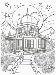 House Coloring Pages - Observatory house with a telescope and stars  simple coloring pages