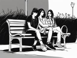 drawing of best friends sitting on a bench  minimal rough sketch scribbles,doodles,black and white