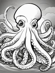 Octopus Coloring Pages - Giant octopus with shipwreck in background  simple coloring pages