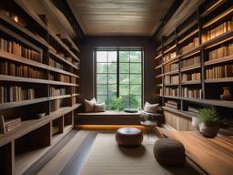 In the library room, Wabi Sabi interior design incorporates rustic wooden shelves, comfortable seating, and a calming color palette that inspires reading and relaxation in a serene setting.  