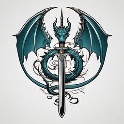 Dragon With a Sword Tattoo - Tattoos combining dragon imagery with swords or weapons.  simple color tattoo,minimalist,white background