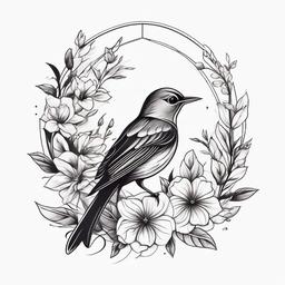 Nightingale Tattoo - Nightingale with floral elements  minimal tattoo design, white background