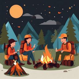 Camping Campfire Stories Clipart - Campers sharing stories by the campfire.  color vector clipart, minimal style