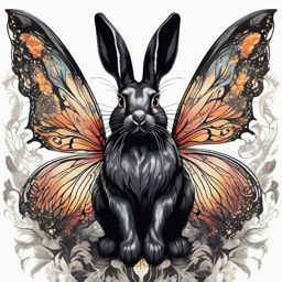 Black rabbit with ethereal butterfly wings ink. Symbol of metamorphosis and enchantment.  color tattoo, white background