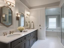 Traditional bathroom showcases classic white tiles, elegant fixtures, and soft color accents, providing a timeless and sophisticated space.  