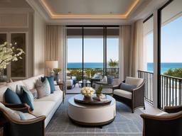 The balcony showcases Regency interior design with comfortable seating, elegant furnishings, and beautiful views that create a refined space for relaxation and enjoyment.  