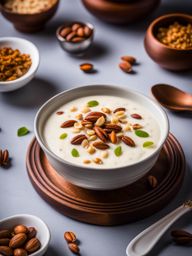 kheer, a creamy rice pudding flavored with cardamom and garnished with nuts (popular in india). 