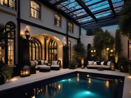 The pool area embraces Gothic interior design with dark loungers, intricate lighting, and vintage-inspired decor that creates a luxurious atmosphere for summer enjoyment.  