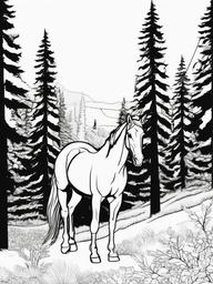 Horse in a Forest Coloring Pages - Horse Wandering Through Tall Trees  minimal black outline printable sheet, coloring page