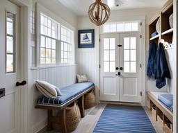 Nautical mudroom showcases blue and white accents, seashell decor, and weathered wood that evoke a breezy seaside atmosphere at the entrance.  