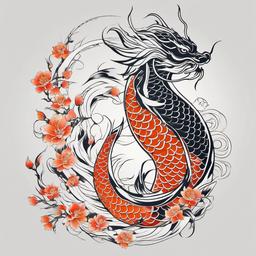 Japanese Dragon Koi Tattoo - Artistic tattoo combining a dragon and koi fish in Japanese style.  simple color tattoo,minimalist,white background