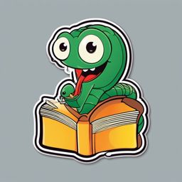 Bookworm Sticker - Happy worm reading a tiny book, ,vector color sticker art,minimal