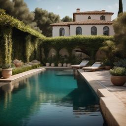 Mediterranean Backyard Paradise - Mediterranean backyard paradise with a tiled pool and lush greenery. realistic, professional photography, bokeh, natural lighting, canon lens, shot on dslr 64 megapixels sharp focus