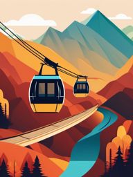 Cable Car Clipart - A cable car traveling over scenic mountain terrain.  color vector clipart, minimal style