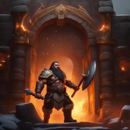 dwarf barbarian,malakai ironblood,smashing through the gates of an enemy stronghold detailed matte painting, deep color, fantastical, intricate detail, splash screen, complementary colors, fantasy concept art, 8k resolution trending on artstation unreal engine 5