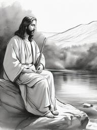 drawing of Jesus in a peaceful setting  minimal rough sketch scribbles,doodles,black and white