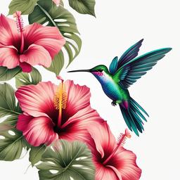 Hummingbird Hibiscus Tattoo - Infuse your ink with the vibrant energy of hummingbirds and the tropical allure of hibiscus flowers in a stunning and symbolic tattoo.  simple color tattoo, minimal, white background