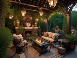 The outdoor patio embraces steampunk interior design with wrought iron furniture, vintage accents, and lush greenery that create an enchanting space for relaxation and gatherings.  