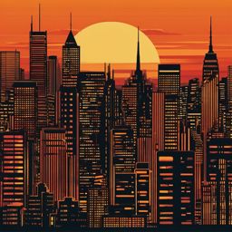 Sunset over city skyline sticker- Urban warmth, , sticker vector art, minimalist design