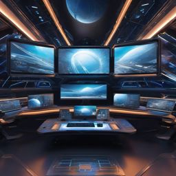 Dual Monitor Wallpaper - Twin-Screen Control Center in a Futuristic Space Station  intricate patterns, splash art, wallpaper art