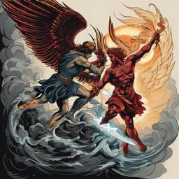 Angel Fighting a Demon Tattoo-Capturing the eternal struggle between light and dark with an angel fighting a demon tattoo, symbolizing the cosmic battle.  simple vector color tattoo