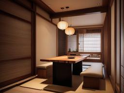 The dining nook features Japanese Zen interior design with a small wooden table, low seating, and soft lighting that creates an intimate and peaceful space for meals.  