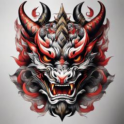 hannya mask dragon tattoo  simple color tattoo,white background,minimal