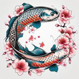 Koi Fish Cherry Blossom Tattoo Designs - Artistic and symbolic, featuring koi fish swimming amidst cherry blossoms in various design interpretations.  simple color tattoo,white background,minimal