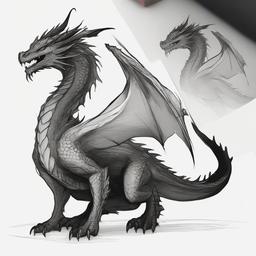 drawing of a full-body dragon with glowing eyes  minimal rough sketch scribbles,doodles,black and white