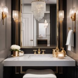 Glam Powder Room - Glamour to your powder room with metallic accents and a crystal chandelier. realistic, professional photography, bokeh, natural lighting, canon lens, shot on dslr 64 megapixels sharp focus