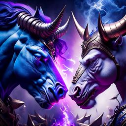 minotaur vs unicorn - clash in the heart of a labyrinth, horns locked in a fierce struggle. 