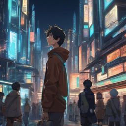 An anime boy, lost in a bustling futuristic city, discovers a mysterious artifact that reveals glimpses of a forgotten past.  retro style, anime art