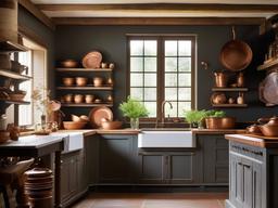 French Country kitchen with distressed cabinets, vintage copper pots, and a large farmhouse sink evokes a charming rustic vibe.  