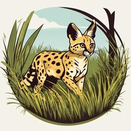 Serval cartoon - Serval stalking prey in the grass  