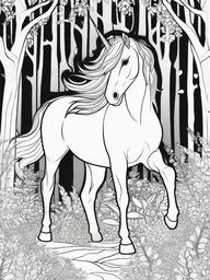 Unicorn and Forest Coloring Pages - Enchanted Unicorn in a Magical Forest  minimal black outline printable sheet, coloring page