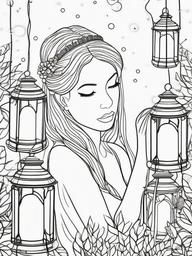 Fairy with Fairy Lights Coloring Pages - Fairy Surrounded by Glowing Lanterns  minimal black outline printable sheet, coloring page