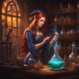 enigmatic alchemist brewing a potion of transformation in her lab. 