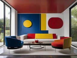 Bauhaus living room features simple geometric furniture, a modular sofa, and abstract artwork in primary colors, creating a clean, functional, and modern space for relaxing.  