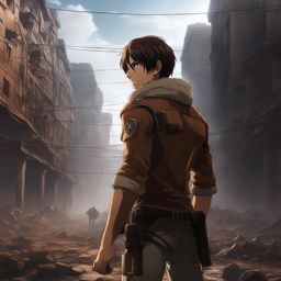 eren jaeger - battles colossal titans in a post-apocalyptic, dystopian cityscape. 
