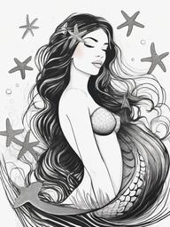 drawing of a mermaid with a starfish  minimal rough sketch scribbles,doodles,black and white