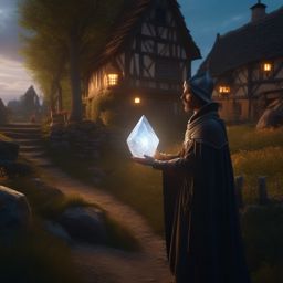 Mysterious traveler arrives in a medieval village, bearing a glowing crystal that grants visions of the future.  8k, hyper realistic, cinematic