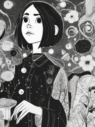 drawing of coraline  minimal rough scribbles,doodles,black and white